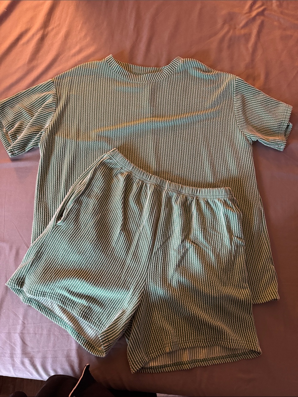 Casual Ribbed Knit Women’s Short Set - Green Striped